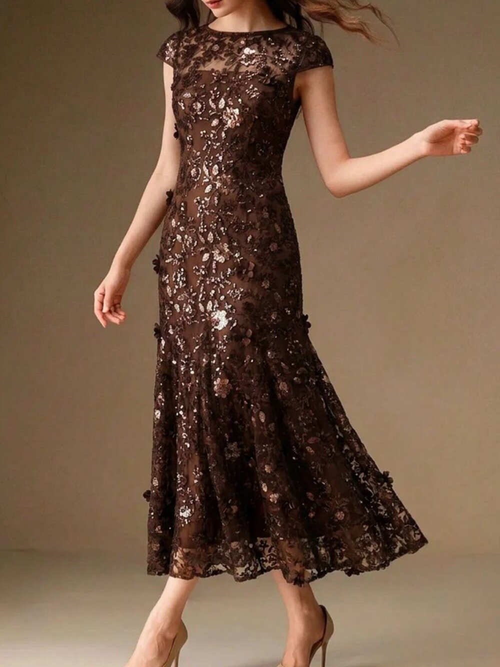 Coffee Brown Elegant Women's 3d Floral Mesh Sequin cap Sleeve midi Dress